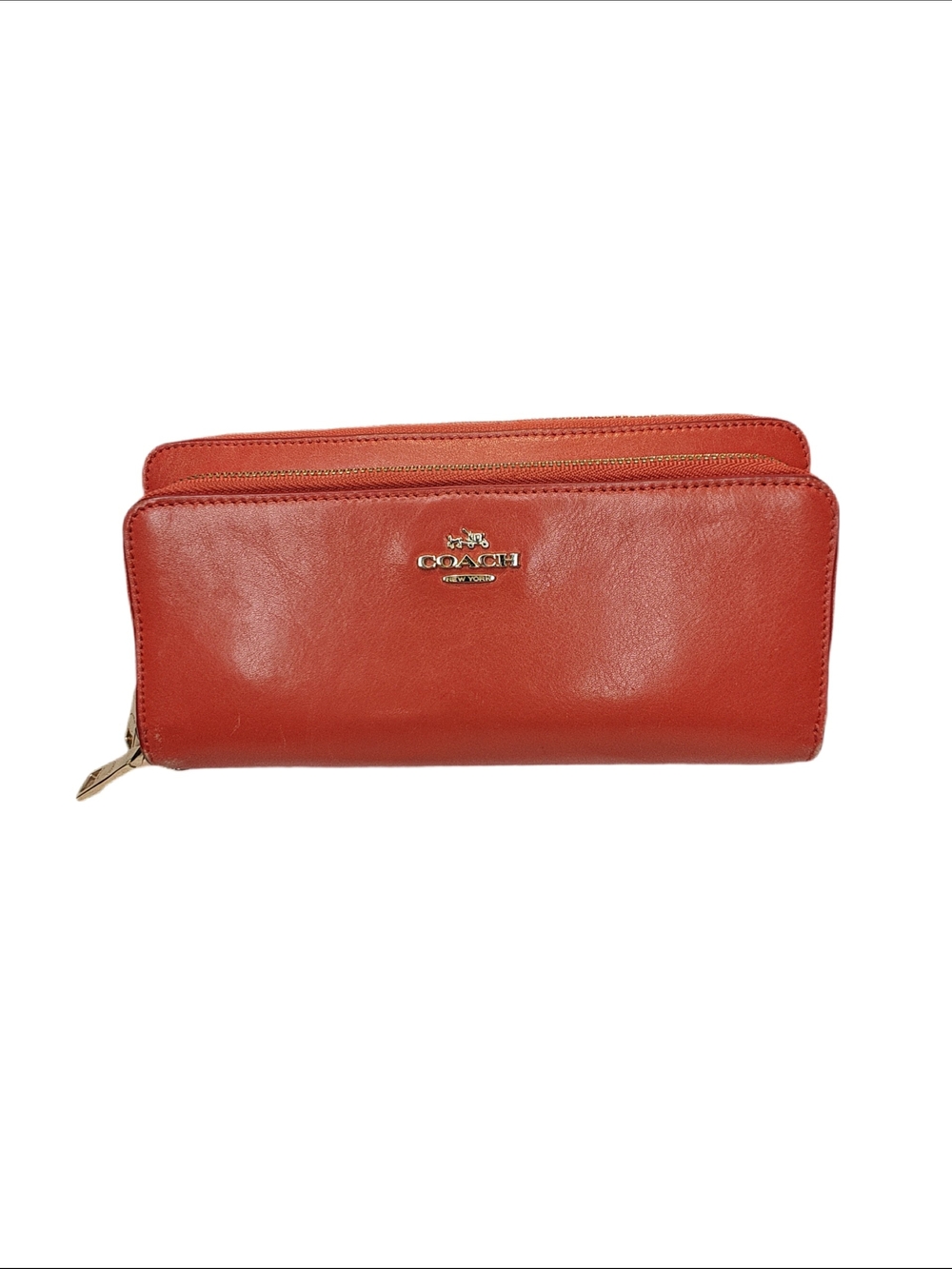Coach Red-Orange Leather Zip Wallet with Gold Logo